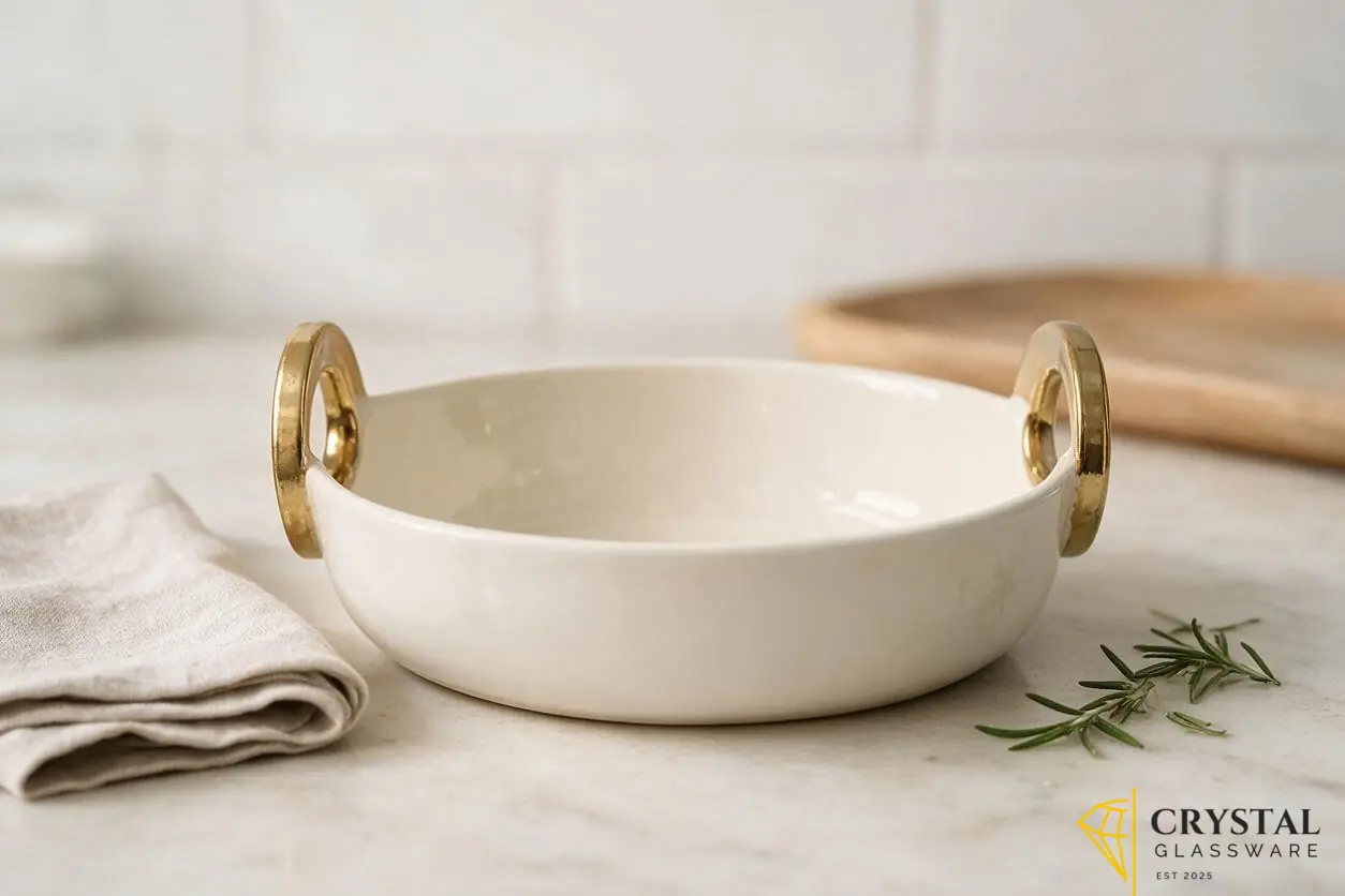 Elegant Porcelain Serving Bowl with Gold-Tone Handles